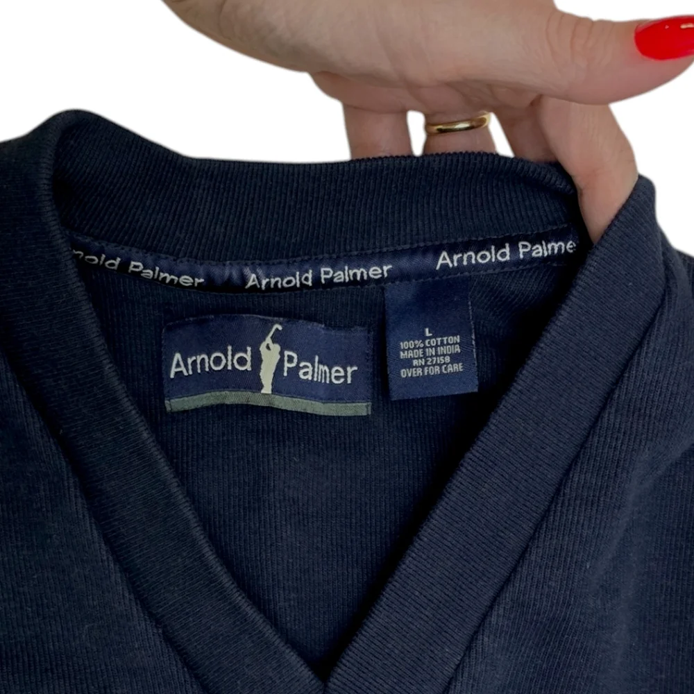 Vintage Arnold Palmer Knit Sweater Vest Navy Blue L Cotton Wind Point 80s Golf - Picture 2 of 6